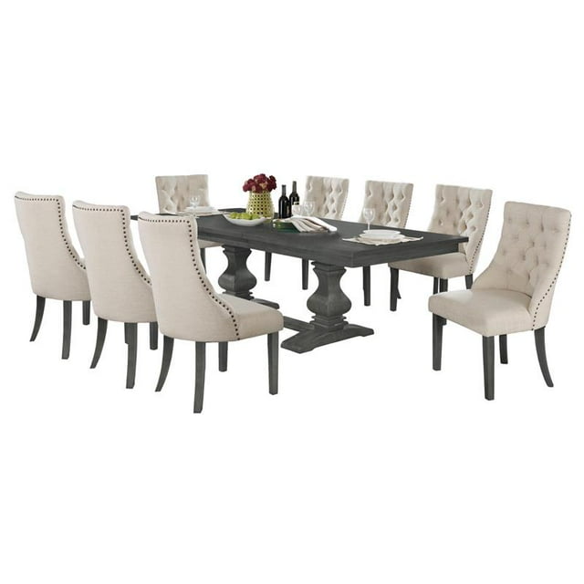 Dark Gray Wood 9pc Dining Set with 8 Tufted Beige Linen Chairs