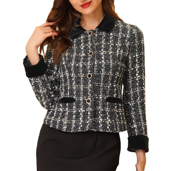 INSPIRE CHIC Women's Elegant Velvet Collared Plaid Tweed Blazer XL Black