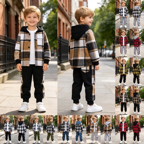 ClothesFuns Sweat Sets 2Pcs Boys Clothes Outfits Plaid Long Sleeve Hooded Button Shirt and Jogger Pants for Kids Spring Fall Pants Set