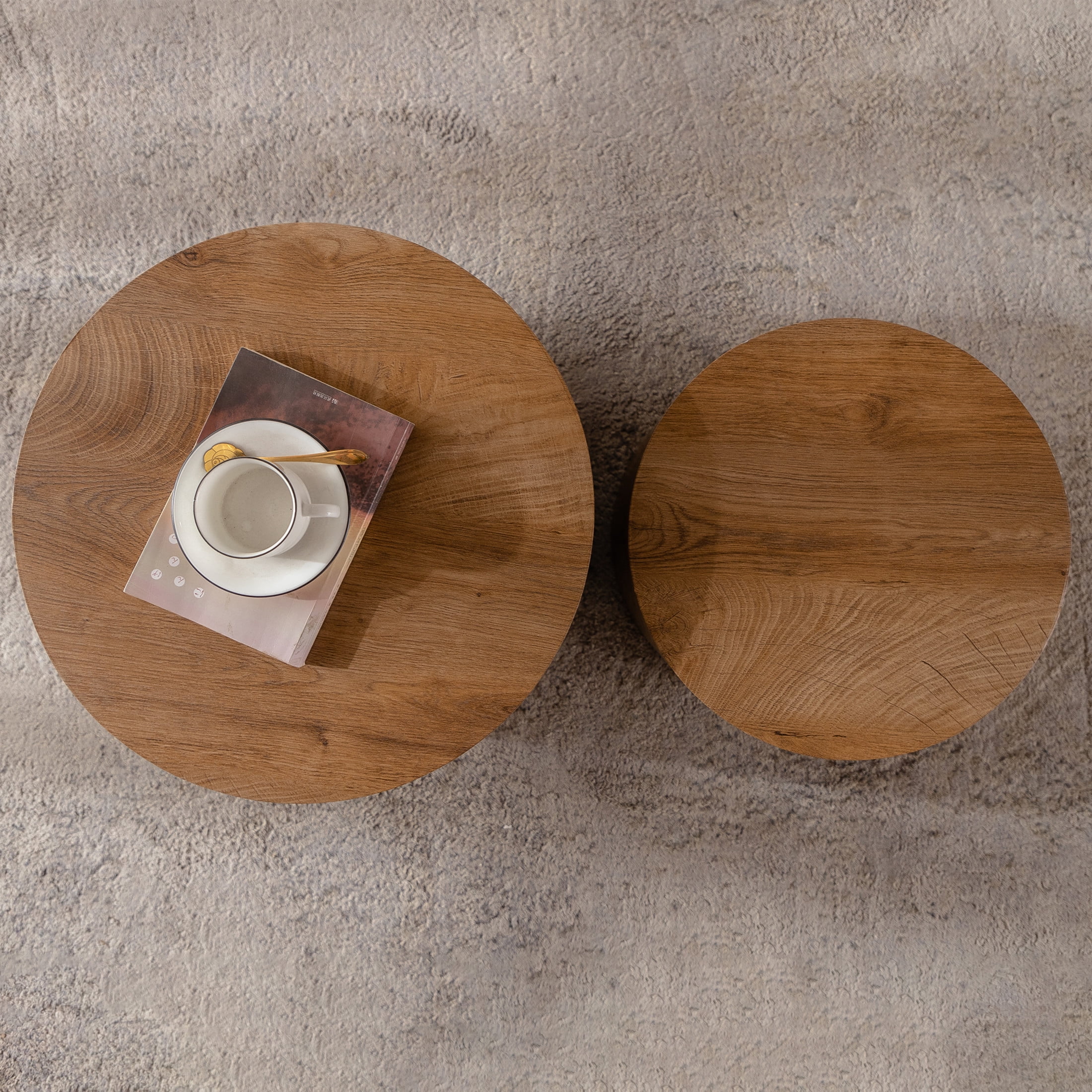 Noble House Nathan 2-Piece Round Nesting Coffee Table Set, Modern Wooden Industrial Side Tables, Brown, Set of 2