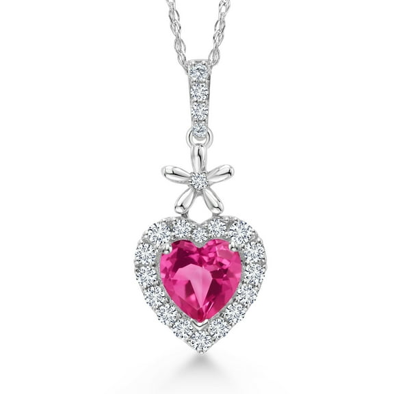 Gem Stone King 10K White Gold Pink Created Sapphire and White Lab Grown Diamond Pendant Necklace for Women (0.71 Cttw, Heart Shape 5MM, with 18 inch Chain)
