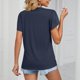 thumbnail image 5 of Camiseta informal holgada de Color puro con empalme de encaje y mangas cortas con cuello en V para mujer, 5 of 7