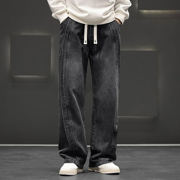 Pantalones vaqueros de longitud completa para hombre, de moda, casuales, de color sólido, con cordón, de pierna recta, pantalones para hombre