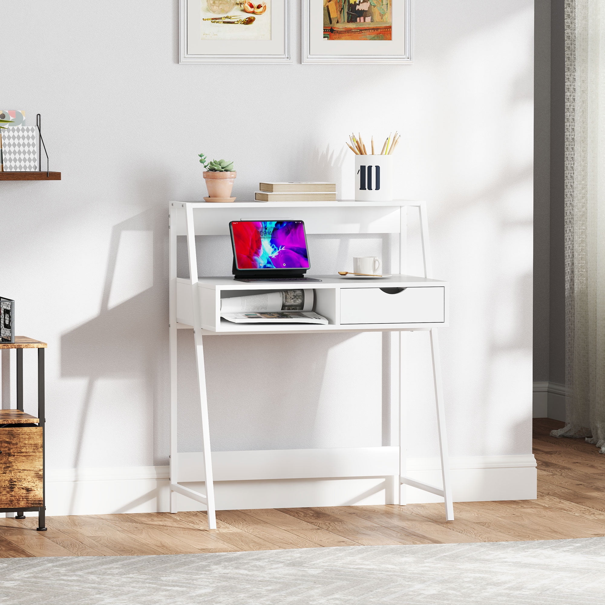 Modern White Computer Desk, Steel Frame P2 Particle Board Desk with 2 Open Shelves 1 Drawer, Space-Saving Writing Desk for Home Office Study Dining Room