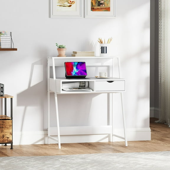HOMCOM Home Office desk, Computer Desk for Small Spaces, Writing Table with Drawer and Storage Shelves, White