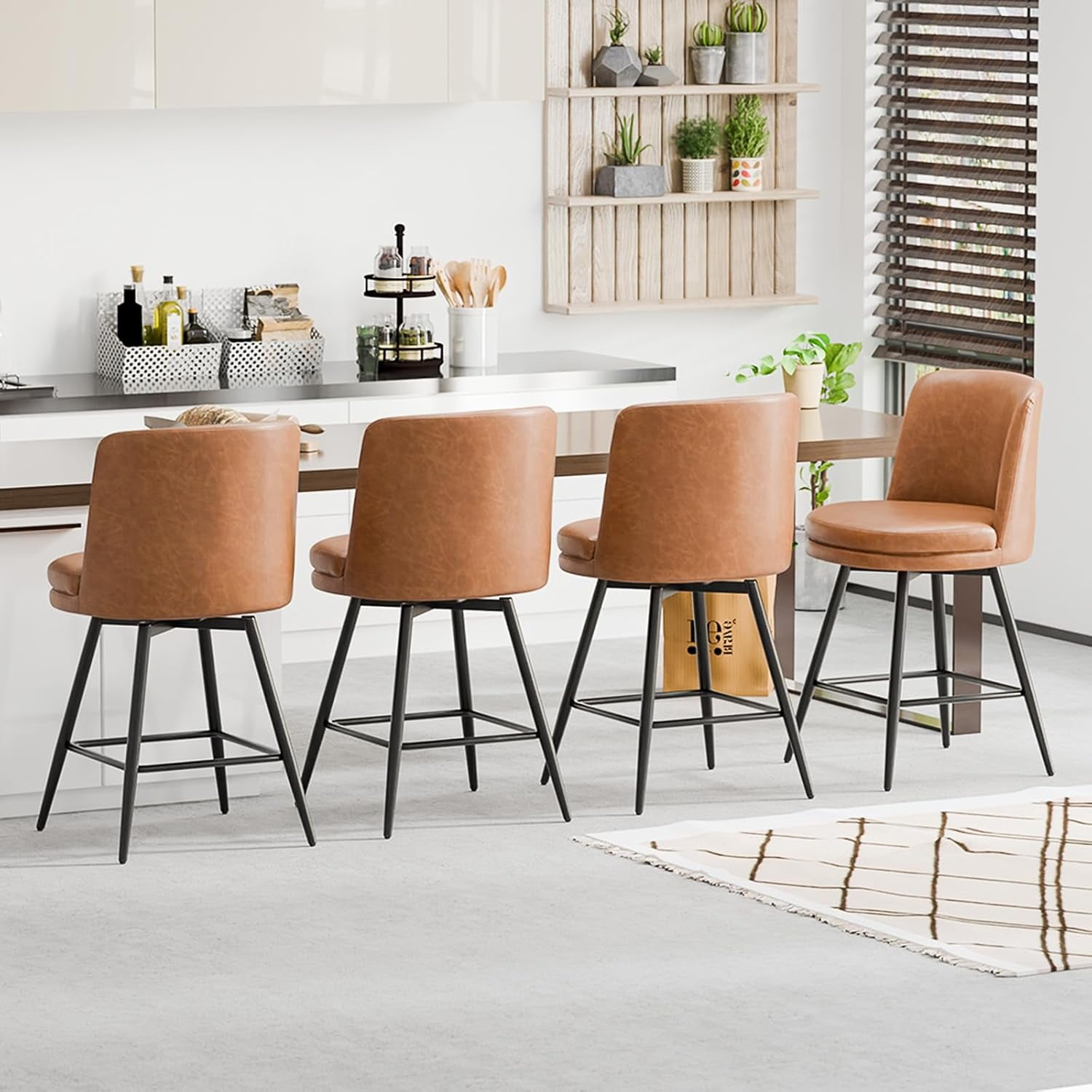 VINGLI 26" H Swivel Barstools Set of 2, PU Faux Leather Upholstered Counter Height Bar Stool with Back, Kitchen High Chairs with Cushion Round Seat, Metal Legs, White