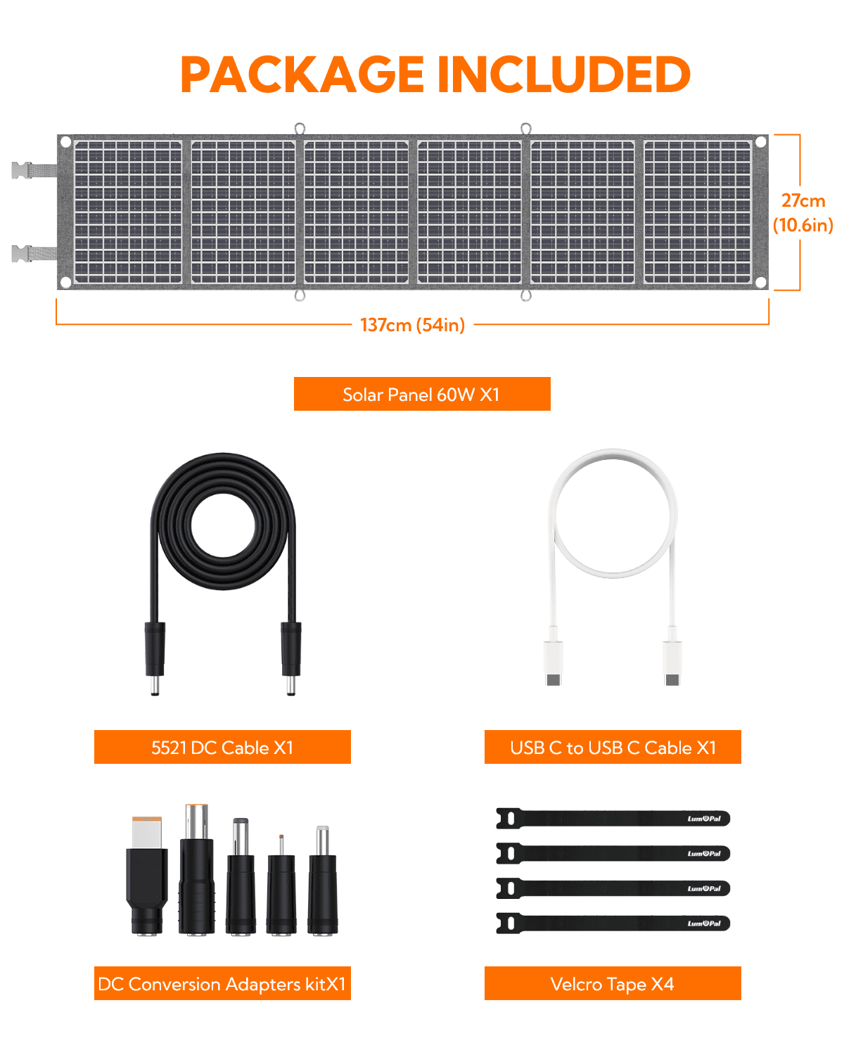 LUMOPAL 60W Foldable Solar Panel, Portable Solar Charger for Traveling & Camping, Grey, 1 Pack