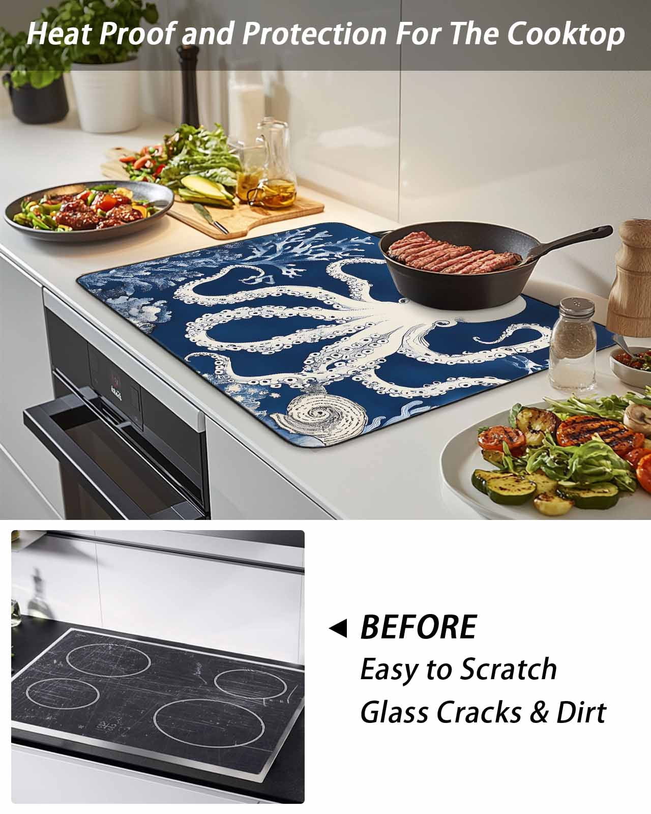 Stove Top Covers for Electric Stove, Beige Octopus Coastal Glass Stovetop Cover Protector, Navy Blue Nautical Ocean Coral Induction Cooktop Protector Oven Mat for Kitchen Countertop 24"x21"