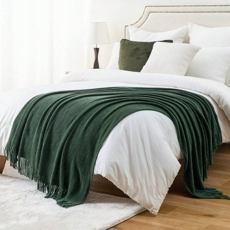 Battilo Dark Green Throw Blanket,Chenille Knit Throws with Tassels