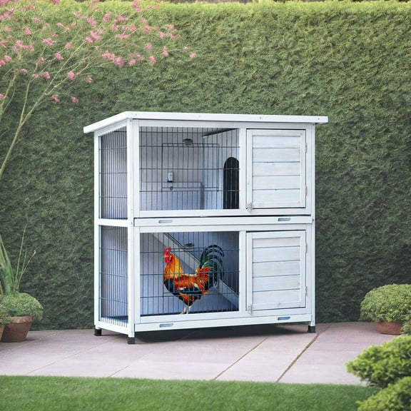 Pefilos 41" Rabbit Hutch Indoor with Tray, Bunny Hutch Outdoor 2 Story Wooden Rabbit House Guinea Pig Cages with Ramp, Gray