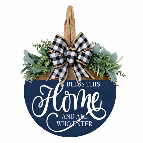 3D Bless This Home and All Who Enter Welcome Door Hanger, 12 Inch Farmhouse Wooden Front Door Sign with Faux Greenery & Buffalo Plaid Bow, Rustic Entryway Decor, Year-Round Door Decoration (Blue)