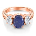 thumbnail image 3 of Gem Stone King 18K Rose Gold Plated Silver 3-Stone Ring Oval Lapis Moissanite (3.00 Cttw), 3 of 6