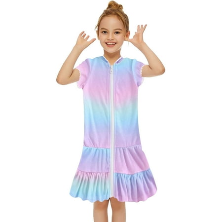 Gvdentm Girls Swim Cover Up Kids Swimsuit Coverup Terry Zip-Up Beach Bathing Suit Wraps(Light Blue 9-10 Years)