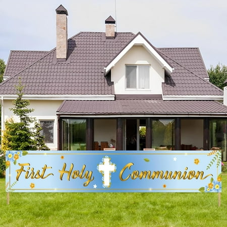Large First Holy Communion Yard Banner, First Communion Party Decorations for Boys, Baby Boy's Christening Communion Mexican Baptism God Bless Party Sign Banner (Blue)