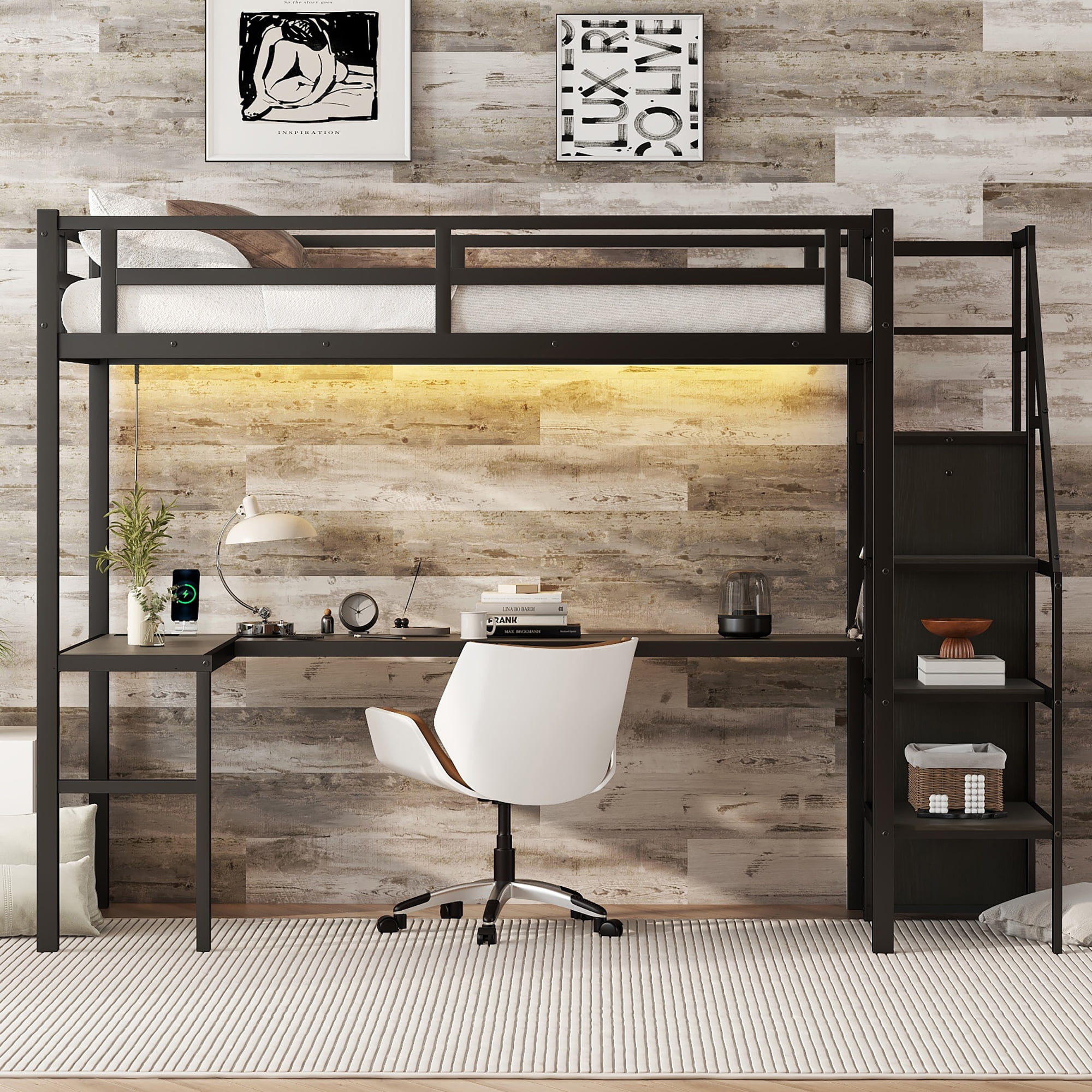 Mintazer Twin XL Power Outlet Metal Loft Bed with L-Shaped Desk & Wardrobe, Heavy Duty Loft Bed Frame with Adjustable Shelf and LED Light for Kids Teens, Black