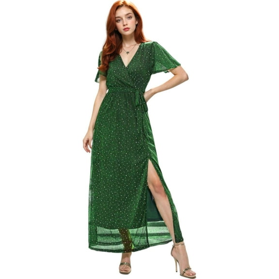 Women's Sparkle Sheer Detail V-Neck Dot Sequin Maxi Dress - X Large, Green
