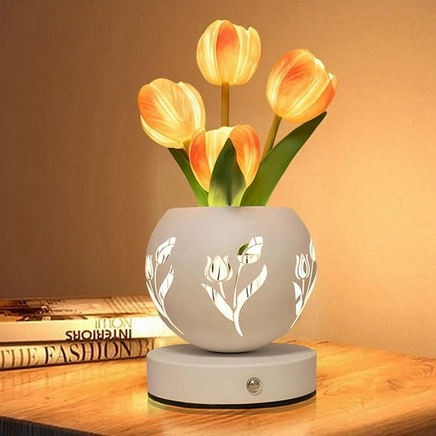 Lámpara de Escritorio con Luz de Noche de Tulipán y Flores Artificiales con Jarrón Recortado, Carga USB, 3 Colores, Atenuación Continua, Lámpara de Mesa