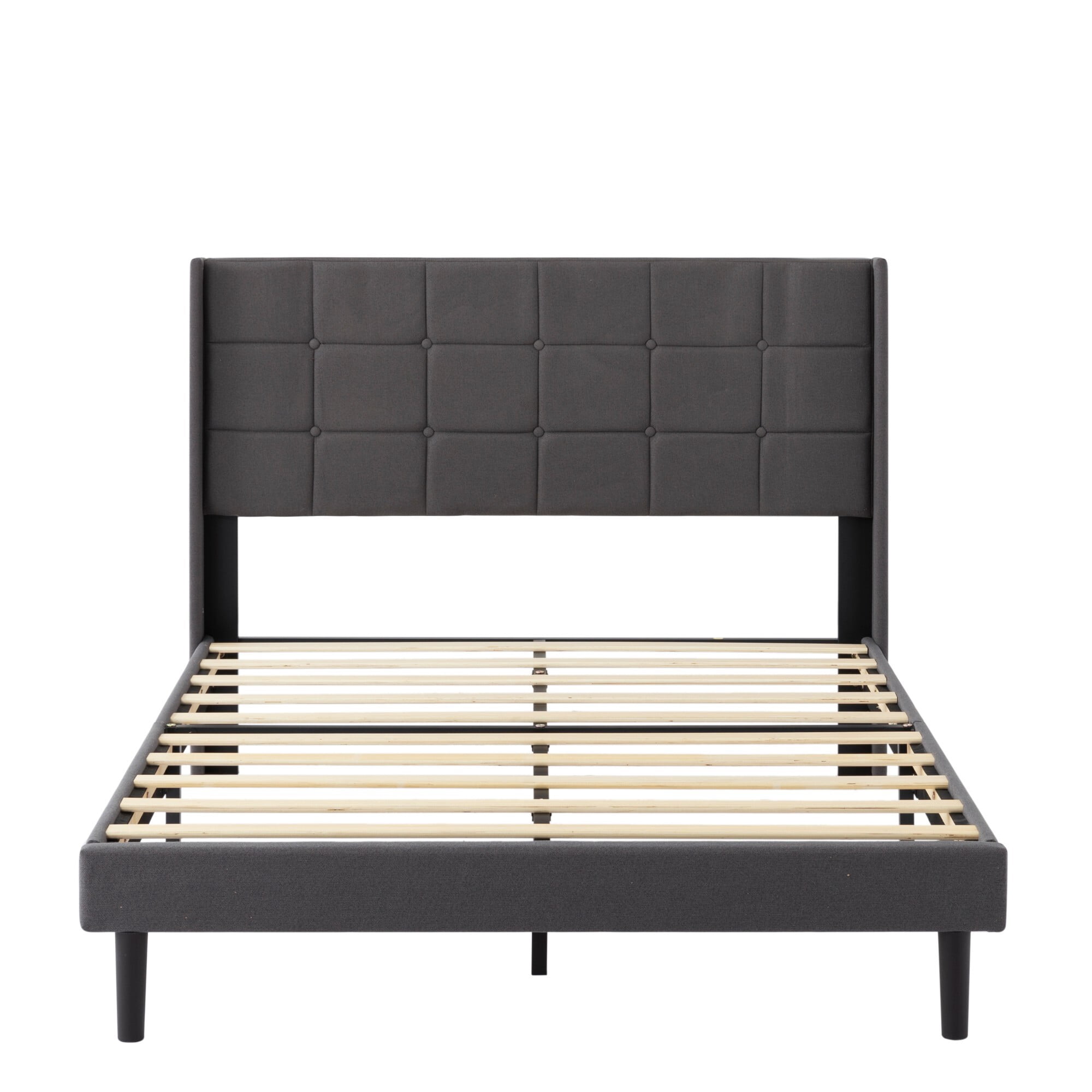 AENKYO Full Size Upholstered Bed Frame with Tufted Headboard & Slat Support, No Box Spring Needed, Dark Gray