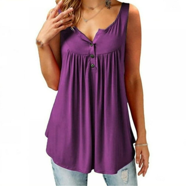 Womens Summer Sleeveless V Neck Solid Color Casual Swing Shirts Flowy Tank Tops Blouses with Buttons