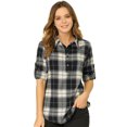 thumbnail image 1 of Allegra K Camisa Túnica A Cuadros Manga Enrollada Medio Tapeta Collar Para Mujer Negro XS, 1 of 6
