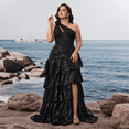 thumbnail image 2 of Plus Size Maxi Formal Dresses for Women Sleeveless Tiered Sequin Dresses Embroidery and High-Slit Semi Sheer One-Shoulder Wedding Guest Dresses for Women A-Line Evening Gown for Party Prom Black, 2 of 6