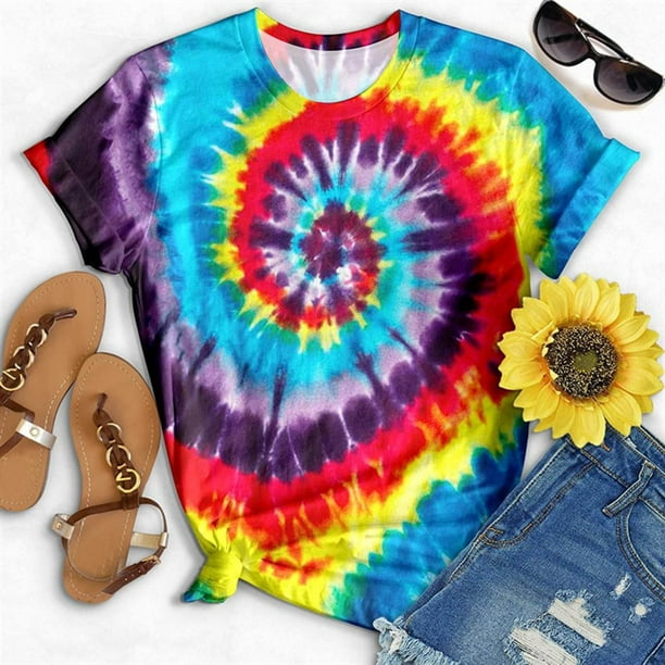 ICHUANYI Clearance Fashion Woman Causal Printing Round Neck Blouse Short Sleeve T-Shirt Summer Tops(Blue, S) ICHUANYI WER2023081106710