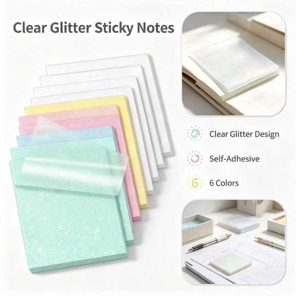 Transparent Glitter Sticky Notes - 600 Sheets Glitter Clear Post It Self Adhesive Notes, 3 X 3 Inch Frosted See Through Memo Pads, 12 Pack for Office Teacher Planner Bible Supplies