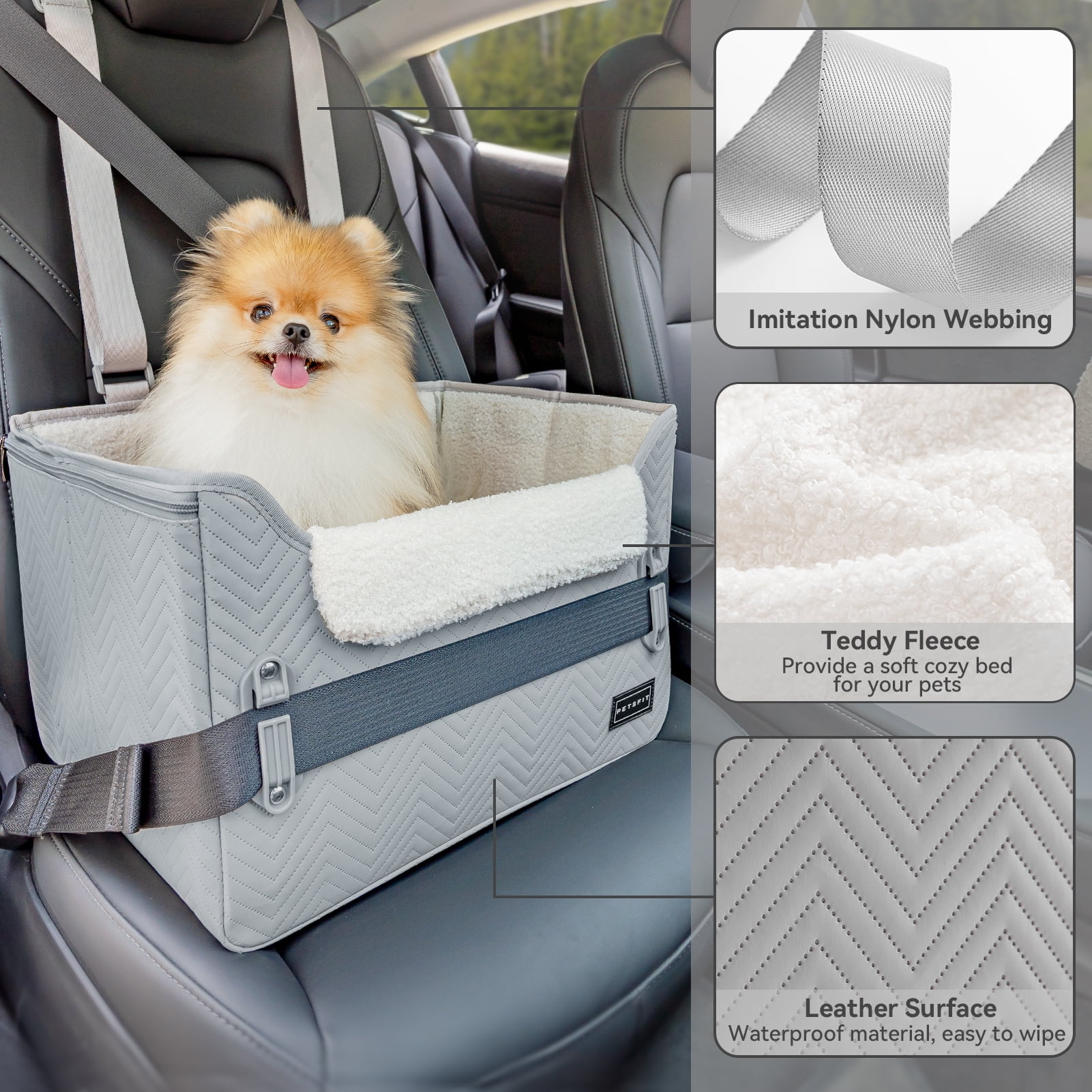 PETSFIT 16in Pet Booster Car Seat, Portable Dog Car Seats for Small Dogs with Clip-On Leash, Patent Safe Buckles,Up to 25lbs ,Light Grey