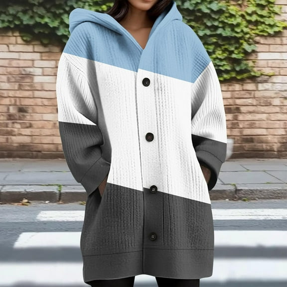 Gamivast Knit Chunky Sweaters for Women Color Block Oversized Hooded Button Down Fall Cardigan Long Drop Shoulder Long Sleeve Winter Jackets with Pockets Thermal Warm Outerwear