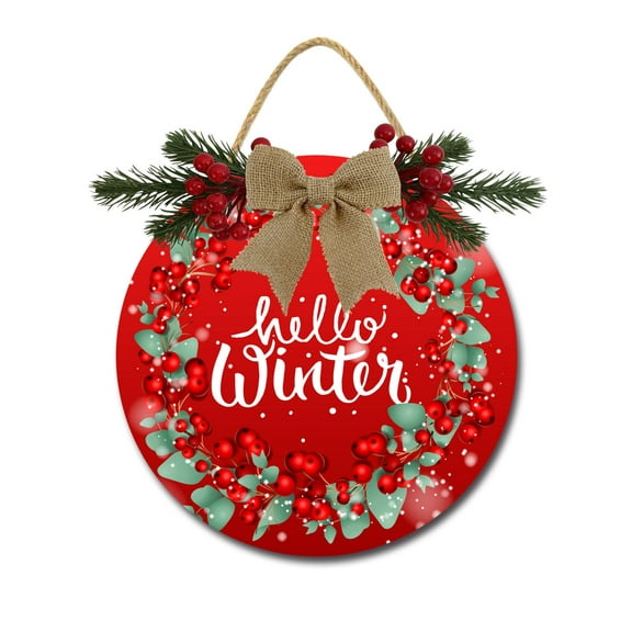 Hello Winter Sign Front for Door Decoration, 12 in Round Wood Wreaths Wall Hanging Outdoor, Farmhouse, Porch, for Spring Summer Fall All Seasons Holiday Christmas