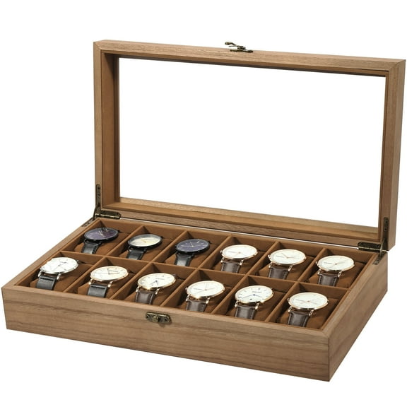 Uten 12-Slot Wooden Watch Box with Glass Lid & Velvet Lining, Luxury Display Case and Jewelry Organizer, Brown
