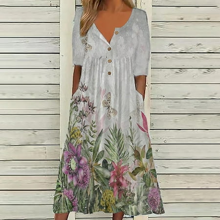 

AXXD winter dresses for women 2023 Fashion Summer Printing Causal V-Neck Button Short Sleeve Vacation Pockets Dress graduation dress shoes for women dressy low heel