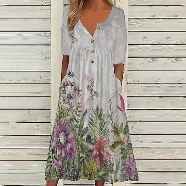 SMihono Robe d'Été pour Femmes Grande Taille Mode Femmes Été Imprimé Décontracté Col en V Boutons Manches Courtes Poches Robe de Vacances