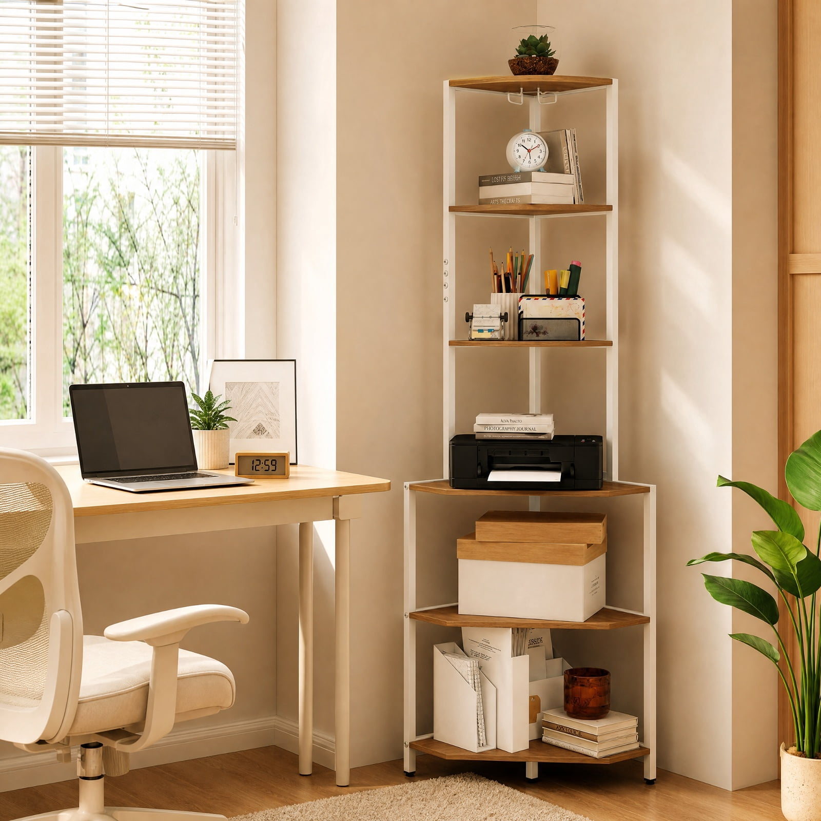 Furnibear 65 Inch 6-Tier Corner Shelf with Charging Station and Ambience Light for Living Room Home Office Bedroom Display Storage Shelf, Natural