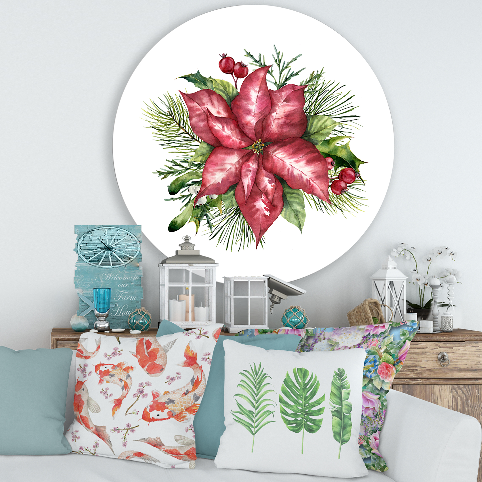 Designart 'Christmas Fir Branch and Holly Mistletoe Berries III' Traditional Circle Metal Wall Art 36x36 - Disc of 36