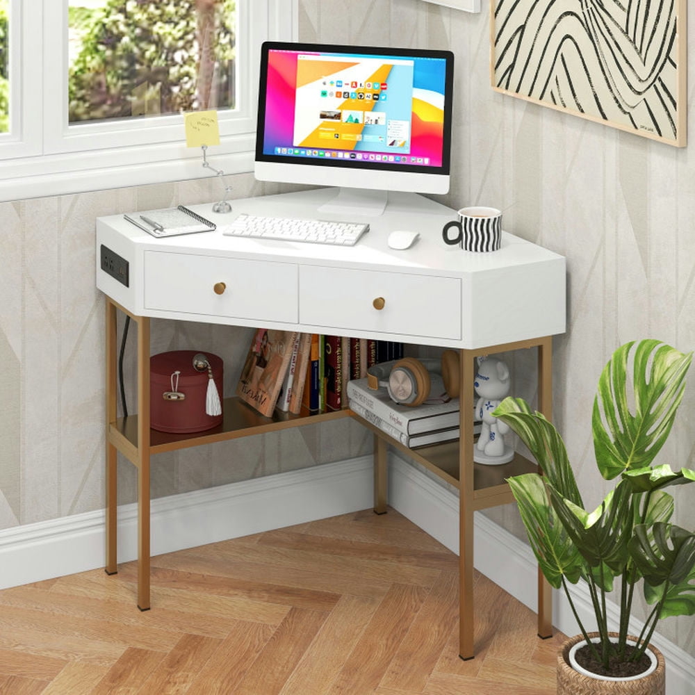 Demi Bonn Triangle Corner Desk with Charging Station with 2 Drawers and Storage Shelf, Small Home Office Desk Study Writing Table, Golden