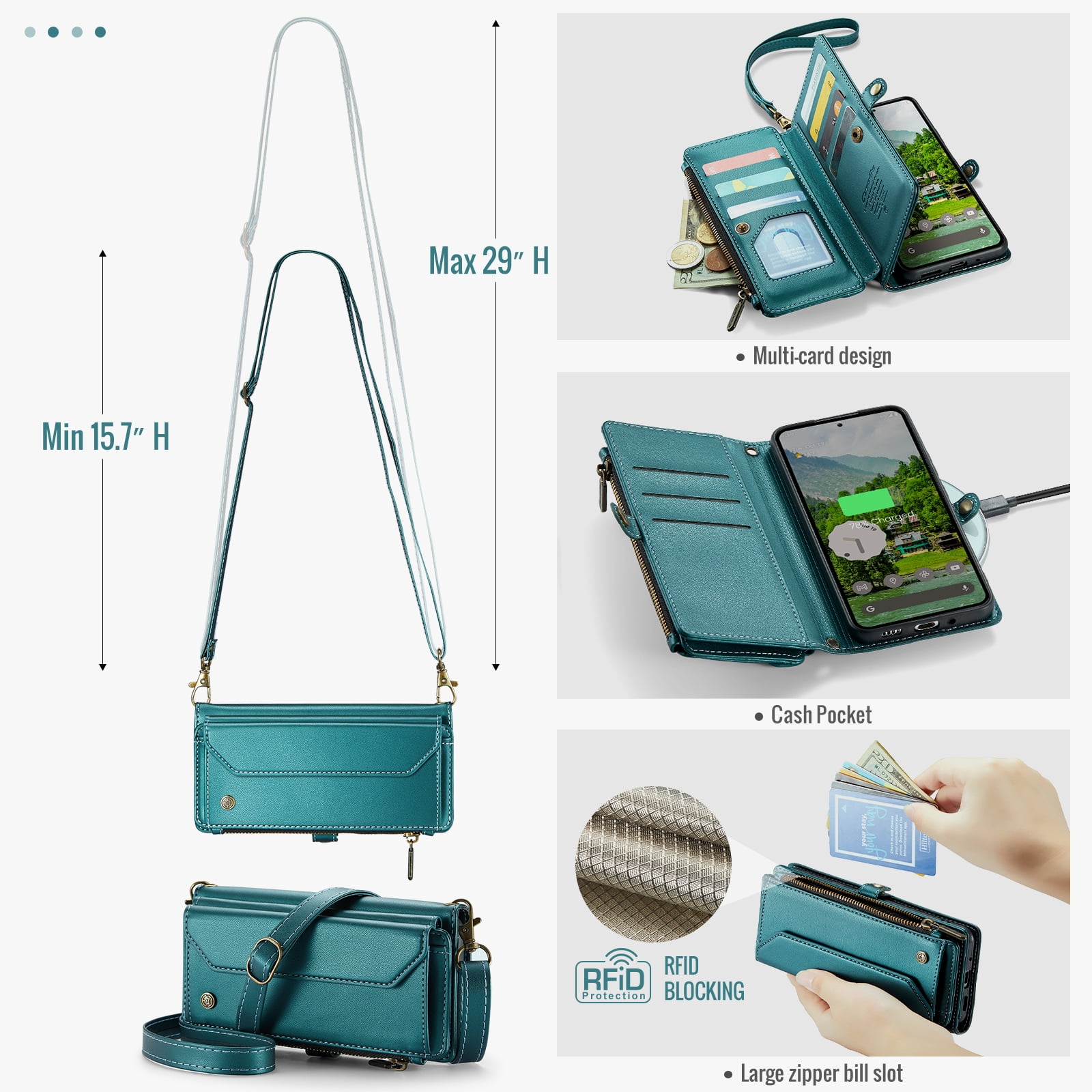 for Google Pixel 7a Full Body Protection Wallet Folio Flip Case, Shoulder Strap & Wristlet Card Slots Zipper Pocket RFID Blocking Rugged Durable PU Leather Phone Case Cover, Green