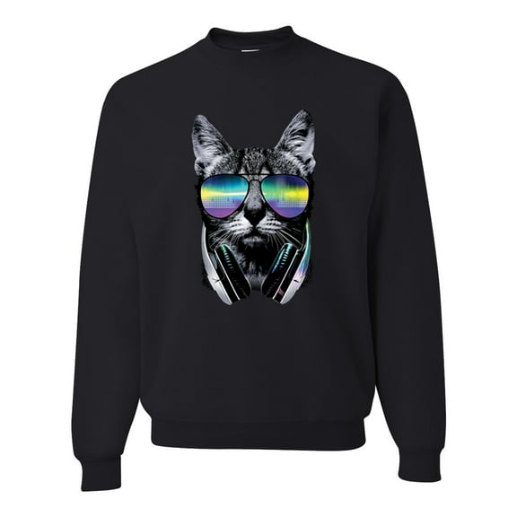 DJ Kitty Cat with Headphones | Mens Cat Lover Crewneck Graphic Sweatshirt, Black, Small