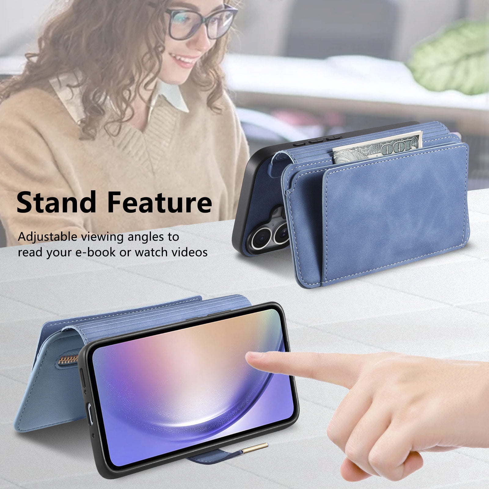 TECH CIRCLE for Moto G Power 5G (2024) Phone Case 6.7", Magnetic Back Cover with Removable Flip Wallet Case, with Card Slots/Pocket/Ring Holder Grip, Compatible with MagSafe, PU Leather Case, Blue