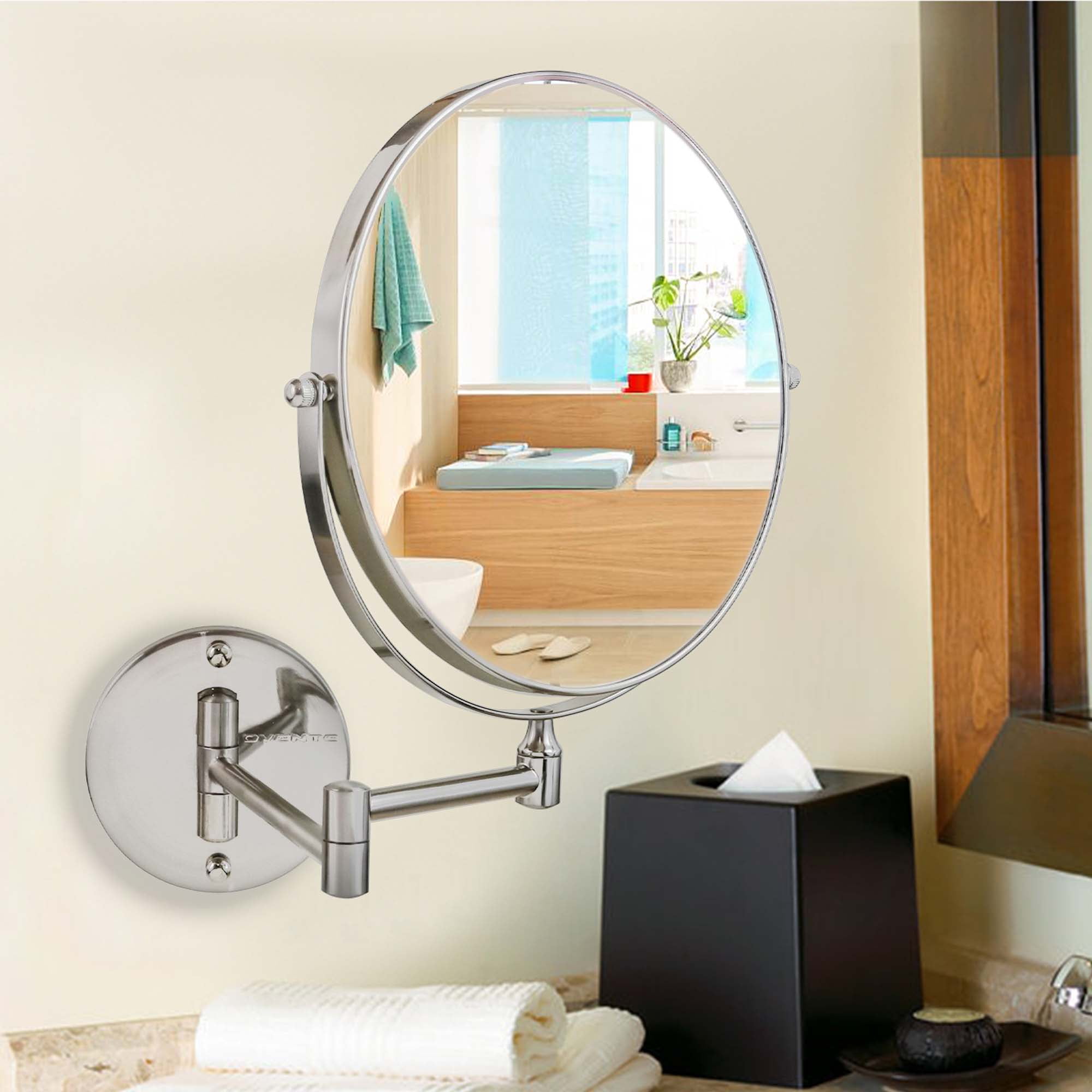 OVENTE 9" Wall Mounted Makeup Mirror with 1X/7X Magnification, Double Sided Magnifying Round Bathroom Vanity Mirror, 360° Swivel Design, Extendable and Folding Arm, Nickel Brushed MNLFW90BR1X7X