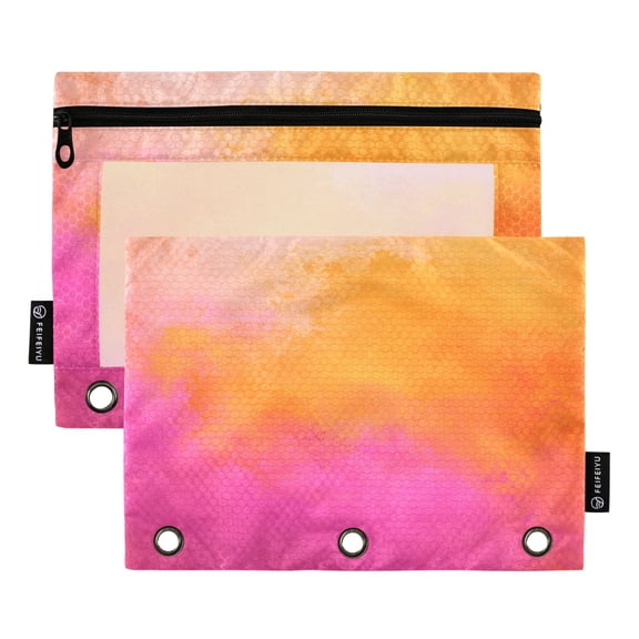 2 Pack 3 Ring Binder Pouch with Clear PVC Window Water Resistant Zipper Pencil Pouch Pink Orange Watercolor Pattern Binder Pocket for Classroom Office Home Stationery Organization