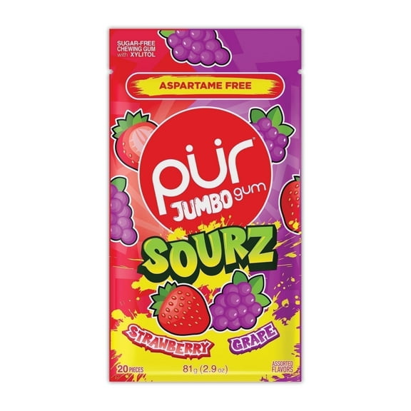 PUR Jumbo SOURZ Gum, Aspartame Free, Sugar Free & 100% Xylitol, Natural Flavor, Sour Strawberry, Sour Grape, 20 Pieces, Pack of 1
