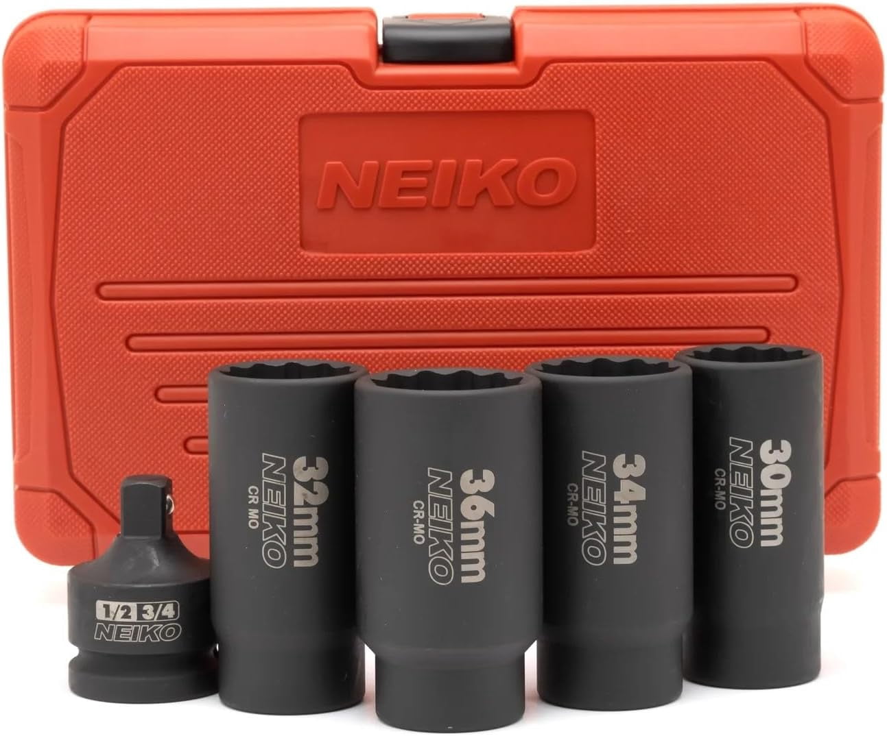 NEIKO 02530A 5 Piece 12 Point Socket Set 1/2” Drive, Lug Nut Remover, Spindle Nut Socket, Axle Nut Socket Set, Metric 30mm - 36mm Socket 1/2 Drive Impact Set, Cr-Mo Impact Adapter, 3/4" -1/2” Reducer