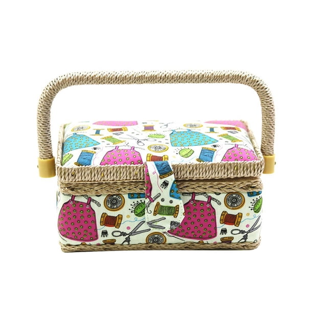 Cesta de costura pequeña Caja de almacenamiento de herramientas de costura de diseño impreso con bolsillo interior de cojín de alfiler incorporado Yuarrent HA2962-05B