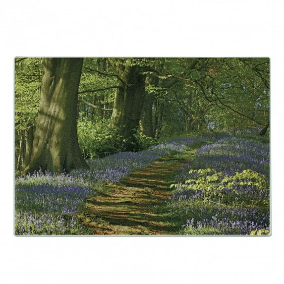 Woodland Cutting Board, Carpet of Bluebells Spreads Through Woodland in Staffordshire England, Decorative Tempered Glass Cutting and Serving Board, Small Size, Green Purple Brown, by Ambesonne