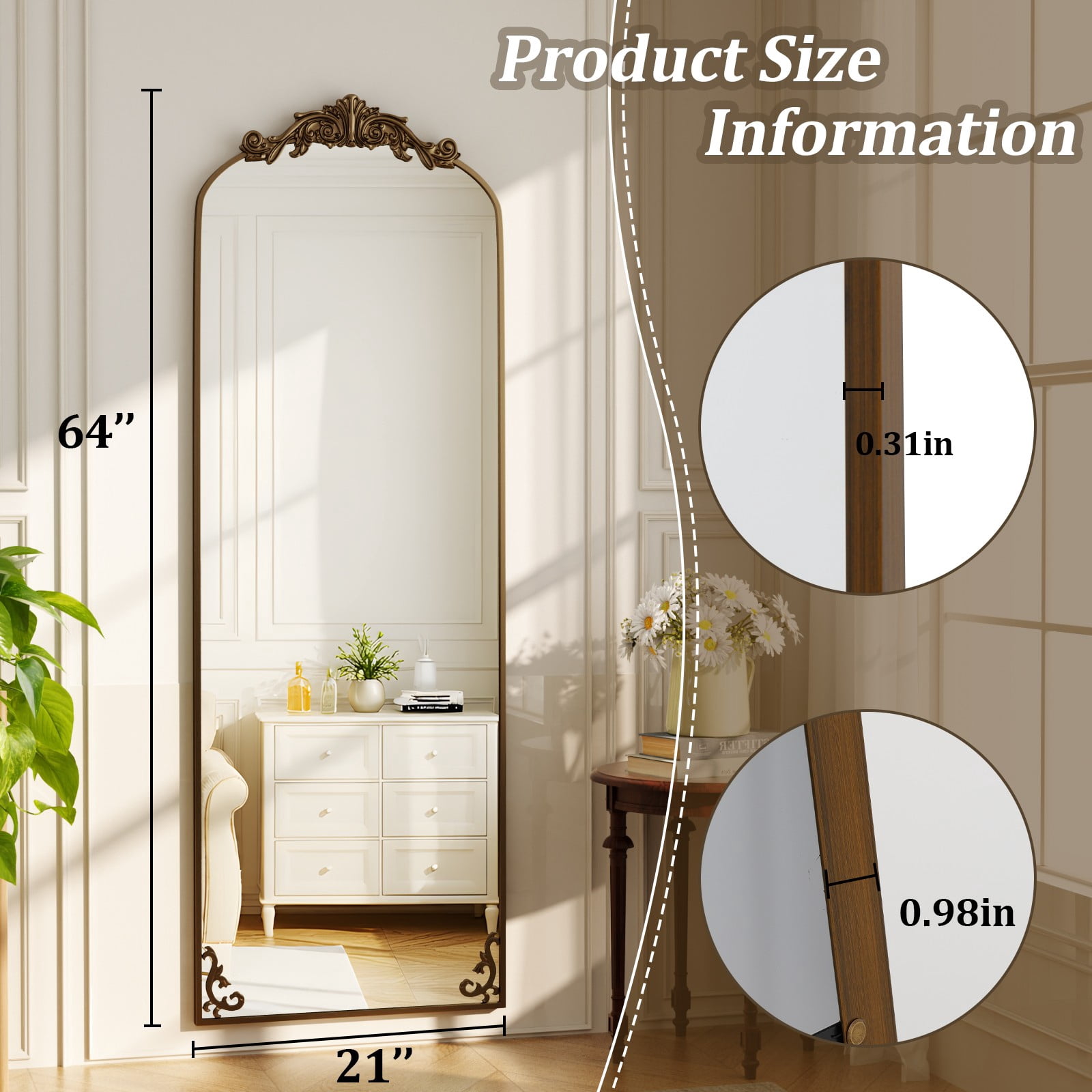 AUROMIR 64"x 21" Arched Full Length Mirror Vintage Floor Mirror with Carved Metal Frame, Antique Bronze