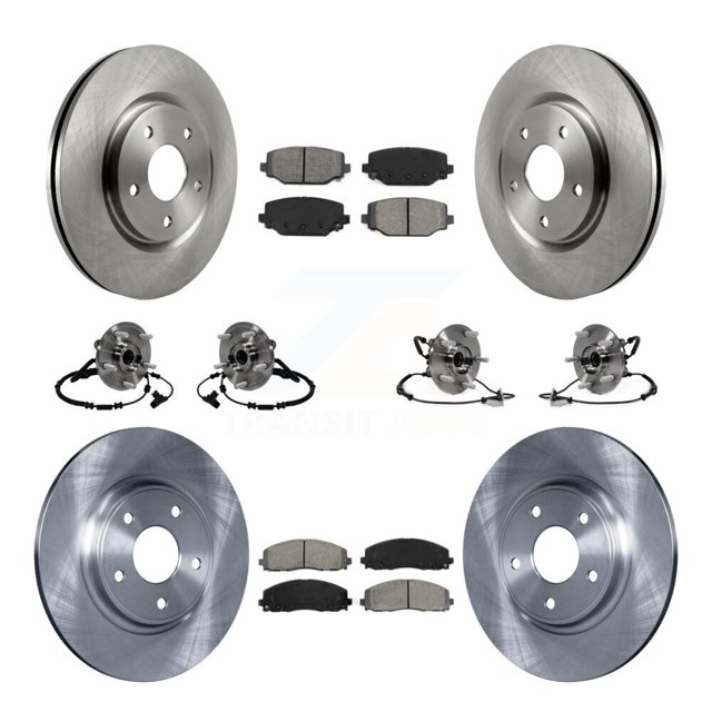 Transit Auto Front Rear Hub Bearing Assembly Disc Brake Rotor and Semi-Metallic Pads Kit (10Pc) for Car Dodge Grand Caravan Chrysler Town & Country Ram C/V Volkswagen Routan Left Right Side KBB-116716