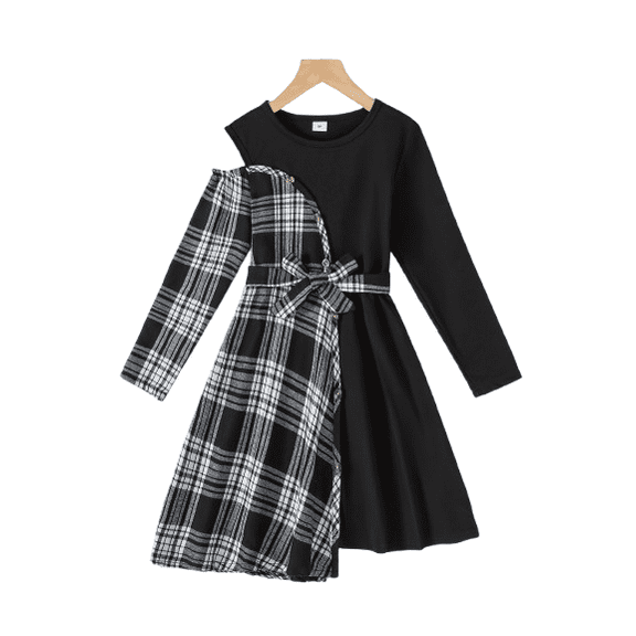 Kid Girls Elegant Plaid Dress 8Y,9Y,10Y,11Y,12Y Girls Long Sleeve Patchwork Belted Asymmetrical Party Dress