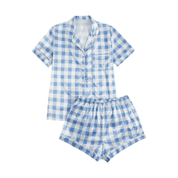 PMVFHDE Women's Short Sleeve Pajama Set Button Down Top & Shorts, Solid Color Plaid Print Sleepwear, Satin Feel Comfortable Loungewear for Home Blue,S