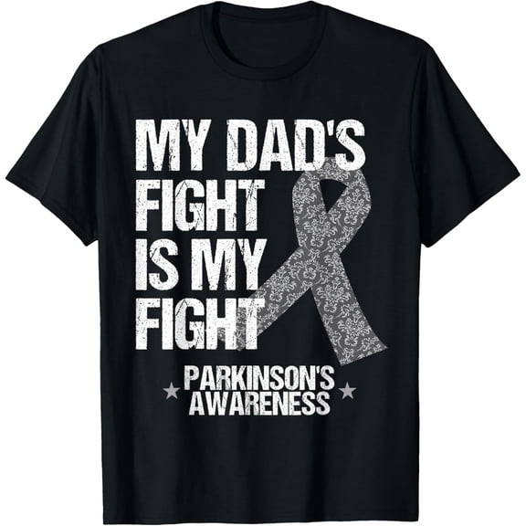Parkinson's Disease Awareness Dad;s Fight Silver Ribbon Gift T-ShirtMen and women can wear, black T-shirts, gifts. Age: M,L，XL 2XL, 3XL, 924XL